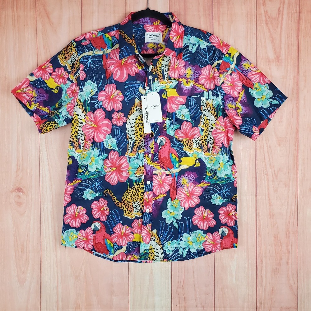 Tunevuse Mens Shirt Medium Navy Vibrant Floral Leopard Short Sleeve Button Up